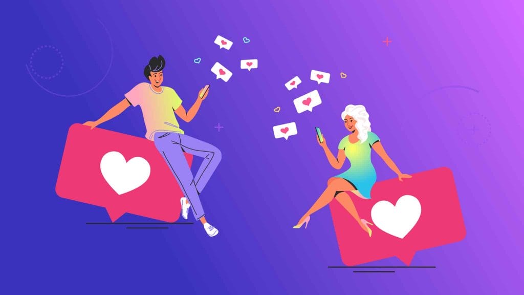 Ένας άνδρας και μια γυναίκα που στέκονται πάνω σε δυο εικονίδια μηνυμάτων που έχουν μέσα δυο καρδιές και τέλνουν ο ένας στον άλλον μηνύματα με καρδιές